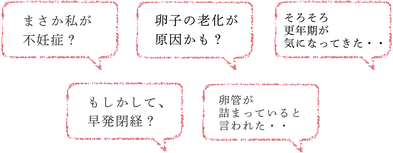 まさか私が不妊症？・卵子の老化が原因かも？・そろそろ更年期が気になってきた・もしかして、早発閉経？・卵管が詰まっていると言われた